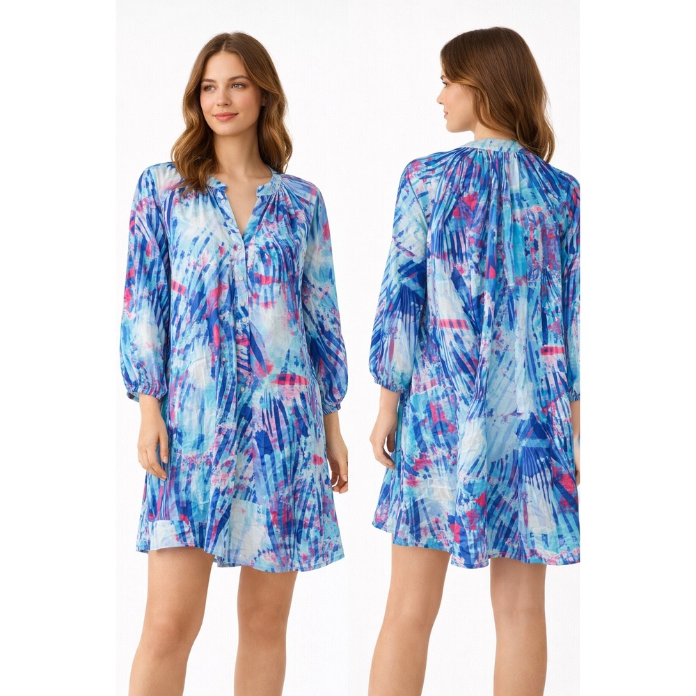 Buddy Love Merida Dress Blue Pink Abstract Print V Neck 3/4 Sleeve Tunic Large‎